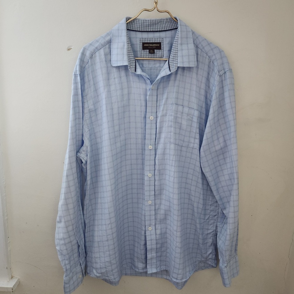 Johnston‎ & Murphy Mens XXL Blue Windowpane Herringbone Cotton Button Down Shirt